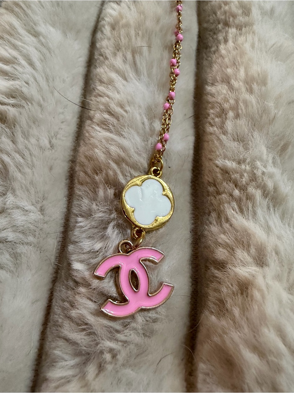 Pink Enamel Charm Necklace with White Clover